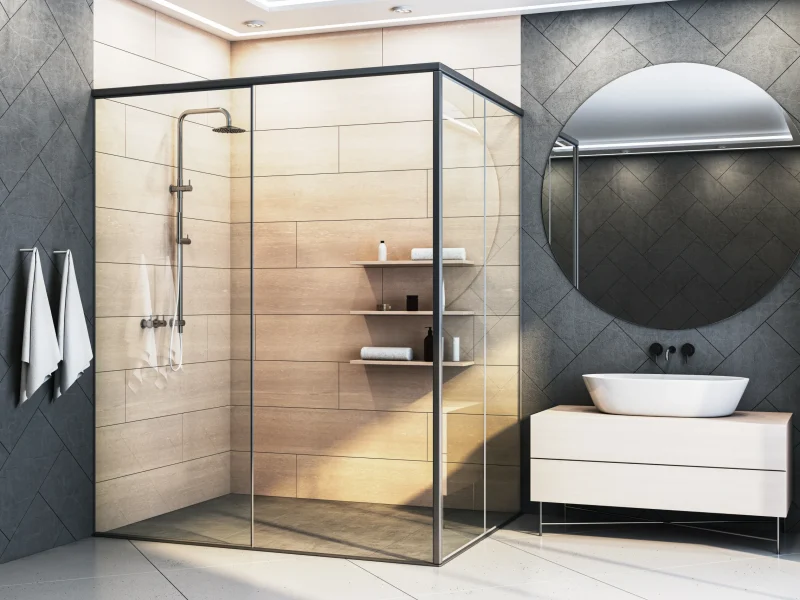 modern-bathroom-interior-with-glass-shower-wooden-walls-stylish-mirror-3d-rendering